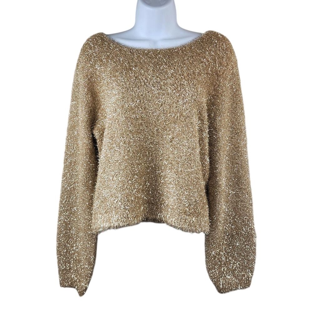 By Anthropologie Eyelash Pullover Sweater M Gold Metallic Tinsel Scoop Back Tie - Picture 3 of 12